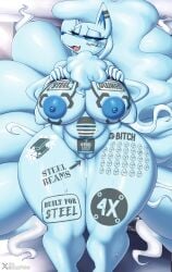 9_tails alolan_form alolan_ninetales anthro anthrofied areola bedroom_eyes big_areola big_breasts bikini bikini_top blue_areola blue_nipples blush bodily_fluids bodywriting bottomless bottomless_female breasts clothed clothing clothing_lift degrading_tattoo degrading_text digital_media_(artwork) digital_painting_(artwork) english_text fairy_type female front_view furry generation_7_pokemon genital_fluids genitals hi_res huge_hips huge_thighs ice_type mostly_nude mrsk multi_tail narrowed_eyes nintendo nipple_dip nipples pokemon pokemon_(species) pokemorph presenting presenting_breasts pussy raised_clothing raised_topwear regional_form_(pokemon) seductive solo steel_type sweat swimwear tail tattoo tattoo_on_breast tattoo_on_face tattoo_on_leg tattoo_on_thigh text thick_thighs topwear two-piece_swimsuit type_advantage vaginal_fluids video_games wide_hips yiff