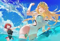 2girls backless_outfit bangs bare_legs beach big_breasts big_butt black_one-piece_swimsuit black_swimsuit blonde_hair blue_sky breasts cleavage cowboy_shot curvy curvy_figure day drowsy_sheep earrings female_only gold_eyes hair_ornament highleg_swimsuit long_hair multiple_girls mythra one-piece_swimsuit outdoors outside pyra red_hair red_swimsuit short_hair slim_waist swimsuit tagme water wet white_one-piece_swimsuit white_swimsuit xenoblade_(series) xenoblade_chronicles_2