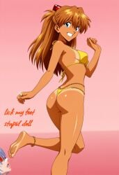 2girls anklet ass asuka_langley_sohryu bare_legs bare_shoulders barefoot blue_eyes blue_hair diamond_ring dominant_female domination english_text enjoying feet female femdom foot_fetish goddess golden_chains happy happy_dom happy_girl heat humiliation insult jewelry kuudere loser loser_submits micro_bikini mistress_and_slave neon_genesis_evangelion open_smile orange_hair presenting_feet rei_ayanami shiny_skin short_hair simple_background slave slavegirl smile smiling smiling_at_viewer soles submissive_female summer sunny tan_body tan_skin tanline tanned tanned_girl teeth thecyclicend thong_bikini toes tsundere winner yellow_bikini