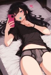 1boy ai_generated black_hair black_shirt blue_eyes bulge covered_penis erection_under_clothes femboy heart irofox lollipop looking_at_phone lying male_underwear mouth_hold on_back on_bed original otoko_no_ko smartphone solo