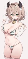 ? absurdres alternate_costume animal_ears animal_print bare_shoulders bell bikini bikini_top_pull blush breasts bridal_gauntlets brown_hair cleavage cow_print cow_print_bikini cowbell crossed_bangs ear_tag elbow_gloves female gloves green_eyes hair_between_eyes hair_intakes hands_up highres indie_virtual_youtuber large_breasts navel neck_bell nimi_nightmare oimo_0imo one_side_up open_mouth print_bikini pulling_own_clothes short_hair simple_background skindentation solo stomach sweat swimsuit tapir_ears tapir_girl thighhighs thighs virtual_youtuber white_background white_bridal_gauntlets white_gloves white_thighhighs
