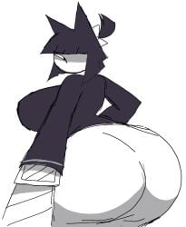 1girls ass_bigger_than_head big_ass big_breasts boxcutter breasts_bigger_than_head female female_only fundamental_paper_education hand_on_hip looking_back miss_bloomie_(fundamental_paper_education) momiji_(artist) simple_background white_background white_body