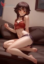 1girls 2d ai_generated ass back bare_shoulders barefoot big_ass bra brown_hair collar erophoenix female female_focus full_body kono_subarashii_sekai_ni_shukufuku_wo long_hair looking_at_viewer megumin pale_skin pale_skinned_female panties patreon_username red_eyes short_hair sitting small_breasts smile soles solo thick thick_thighs uncensored underwear
