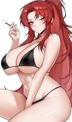 bikini black_bikini black_swimsuit cigarette female gebura_(lobotomy_corporation) heterochromia large_breasts library_of_ruina lobotomy_corporation long_hair project_moon red_hair scar scar_on_face solo swimsuit swimwear vvernerluniq