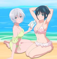 2girls arms_behind_head bare_legs bare_shoulders beach blue_eyes blue_hair botan_nagatsuki cleavage green_hair holding_book holding_object kikuchi_fuuka kneeling leaning_forward medium_breasts pink_bikini short_hair silver_hair sitting