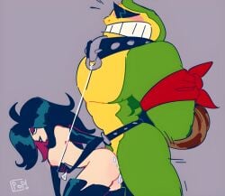 2d anthro battletoads black_hair collar collar_pull cum dark_queen dominant_female female femdom male male/female popthesnowman rareware rash_(battletoads) sex sunglasses toad_(frog)