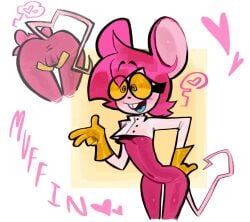 anthro ass cyan_tongue fuchsia_clothing fuchsia_hair fur goommymuffin mouse mouse_ears mouse_girl mouse_tail muffin_(goommymuffin) murid open_mouth pink_body pink_fur presenting_hindquarters presenting_pussy rodent skinny skinny_anthro skinny_female skinny_girl smile tight_clothes tight_clothing twitter_username white_background