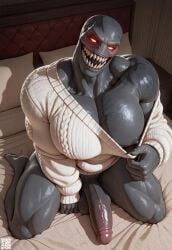 1boy ai_generated bed bedroom big_penis capcom erection fangs gay grey_body grey_skin imminent_sex inviting looking_at_viewer male male_only monster monster_boy muscular muscular_male nipples on_bed pecs penis presenting red_eyes regenerator regenerator_(resident_evil) resident_evil resident_evil_4 resident_evil_4_remake solo solo_focus teasing