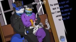 16:9 anthro bodily_fluids bondage bondage bound canid canine canis cum drago-kun duo felid feline gag gagged genital_fluids heavily_layered hi_res inside kerchief male male/male mammal minddrive pantherine restraints straitjacket tiger widescreen withe_tiger wolf