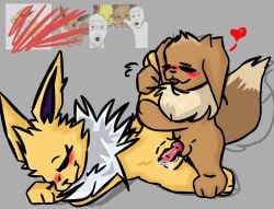blush closed_eyes cum_drip cum_in_pussy eevee eeveelution grey_background jolteon leg_grab long_eyelashes lying_on_side oversexed_eeveelutions penis_out pokemon pokemon_(species) quadruped sam_(kuroodod) sloth_(kuroodod) smile soyjak tongue_out