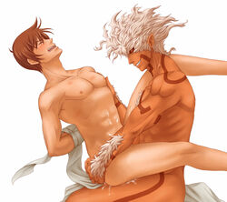 2boys abs anal cum cum_in_ass cum_on_body evil_grin gay grin lifting male_only multiple_boys nipples nude pecs pointy_ears rance rance_(series) restrained sex sharp_teeth suzaku tattoo yaoi