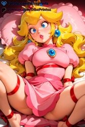 ai ai_assisted ai_generated anime artist_name barefoot blonde_hair blue_eyes blush bound breasts crown dibzprintz dress earrings fansly female frogtie hi_res high_quality high_resolution highres jewelry leg_ribbon lips long_hair looking_at_viewer lying mario_(series) medium_breasts nintendo on_back parted_lips patreon_username pillow pink_dress princess_peach puffy_short_sleeves puffy_sleeves red_ribbon ribbon short_sleeves solo sphere_earrings spread_legs thighs watermark