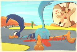 3_toes absurd_res anthro anus ass avian beak biped bird black_nose blue_body bodily_fluids bound brown_body brown_fur canid canine canis coyote cuculiform digital_media_(artwork) duo english_text feathers feet fur genitals hi_res looney_tunes male mammal new_world_ground_cuckoo notsafeforwanking nude plantigrade presenting presenting_anus road_runner_(looney_tunes) roadrunner simple_background solo text toes trapped tuft warner_brothers wile_e._coyote