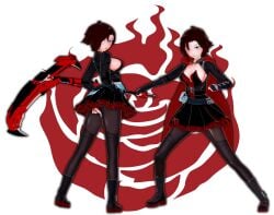 1girls arrancon black_hair black_hair_female cleavage clothed_female crescent_rose red_highlights ripped_pants ruby_rose rwby sideboob silver_eyes solo_female