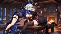 2024 2girls ahe_gao ai_generated amber_eyes artist_name ass bent_over big_ass black_boots black_cape black_gloves black_hat black_leotard black_thighhighs blue_boots blue_cape blue_eyes blue_gloves blue_hair blue_hat blue_leotard blue_thighhighs brown_hair cape cherry_blossoms crotchless crotchless_leotard detailed_background drooling embers fire fireplace floating_particles flower_hat french_kiss from_behind furina_(genshin_impact) garter_belt garter_straps genshin_impact gloves hair_ornament hat heart-shaped_pupils heterochromia high_heels highres hu_tao_(genshin_impact) hydro_element indoors jester_hat kissing large_breasts leotard long_hair making_out night nipples open_mouth outside pantyhose petals plum_blossom ponytail pussy pyro_element red_eyes red_flower red_high_heels red_outfit saliva snow snowflakes snowing stockings sweat thighhighs tongue tongue_out top_hat watermark white_hair window witch_hat wooden_floor wooden_table yuri