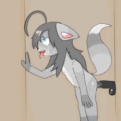black_fur blue_eyes cub drooling furry glory_hole gray_fur gray_hair grey_fur grey_hair guronyan inspired_by_dagasi okami_(guronyan) older_male older_male_and_younger_female sweat sweating wolf young younger_female