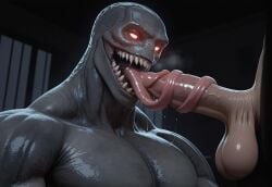 2boys ai_generated blowjob capcom erection faceless_male fangs fellatio gay grey_body grey_skin human humanoid long_tongue male male/male male_only monster monster_boy muscular muscular_male open_mouth oral_sex penis red_eyes regenerator regenerator_(resident_evil) resident_evil resident_evil_4 resident_evil_4_remake saliva sex standing tongue tongue_around_penis tongue_out visible_breath