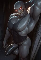 1boy ai_generated ass ass big_penis capcom erection fangs gay grey_body grey_skin inviting looking_at_viewer male male_only monster monster_boy muscular muscular_male nipples partially_clothed pecs penis presenting red_eyes regenerator regenerator_(resident_evil) resident_evil resident_evil_4 resident_evil_4_remake shirt solo solo_focus teasing thong tongue