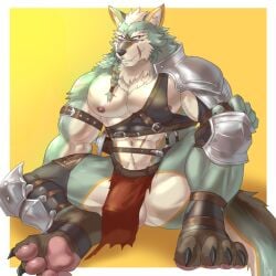 1:1 abs anthro armor balls black_nose bottomwear braided_hair bulge canid canine canis claws clothing detailed_bulge facial_scar fantasy fur genital_outline genitals green_body green_fur hair heterochromia humanoid_genitalia kemono loincloth looking_at_viewer male mammal melee_weapon midriff mostly_nude multicolored_body multicolored_fur muscular muscular_anthro muscular_male nipples pawpads paws pecs penis_outline rorik_(rossciaco) scar scars_all_over simple_background sitting solo spread_legs spreading sword toe_claws weapon weedwolf weedwolfeatmeat white_body white_fur wolf
