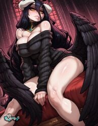 ahoge ai_generated albedo_(overlord) bare_shoulders black_feathers black_hair black_wings breasts cleavage demon_girl demon_horns demon_wings dress feathered_wings feathers female hair_between_eyes horns indoors large_breasts lips long_hair looking_at_viewer low_wings off_shoulder off_shoulder_sweater overlord_(maruyama) parted_lips pengu997 sitting slit_pupils smile solo sweater thighs white_horns window wings yellow_eyes