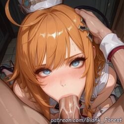 :>= ahoge ai_generated bangs blank_forest blonde_hair blue_eyes blush bondage boots bound breasts cheek_bulge cuffs cum cum_in_mouth deepthroat escoffier_(genshin_impact) eye_contact eyebrows_visible_through_hair fellatio female from_above genshin_impact gloves hair_ornament heart heart-shaped_pupils high_heels indoors irrumatio kneeling large_breasts long_hair looking_at_viewer looking_up male_pubic_hair navel oral orange_hair overflow patreon_username penis pov pubic_hair short_shorts shorts solo_focus straight stray_pubic_hair symbol-shaped_pupils tagme thighhighs toilet uncensored underwear video watermark
