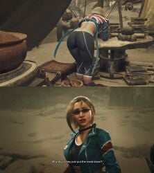 alma_(monster_hunter_wilds) alternate_costume ass_cheeks ass_focus athletic_female bare_back bending_over big_ass black_leggings blonde_hair_female bubble_ass cammy_white cammy_white_(cosplay) cammy_white_(street_fighter_6) capcom close-up cosplaying_as_character crossover crossover_cosplay dat_ass female_focus fit_female game_screenshot gameplay gameplay_screenshot gluteal_fold ingame_model inminent_r34 leaning_forward low-angle_view meme monster_hunter monster_hunter_(series) monster_hunter_wilds no_panties_under_leggings official_art official_style red_gloves round_ass screencap skintight_clothing street_fighter street_fighter_6 subtitled text tight_pants yoga_pants