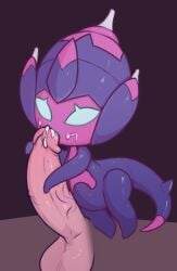 1other ambiguous_gender balls blank_eyes blue_eyes colored_skin commentary cum cum_in_mouth cum_on_body disembodied_penis english_commentary erection facial fellatio full_body highres interspecies kekitopu multicolored_skin oral penis pink_skin poipole pokemon pokemon_(creature) pokephilia purple_background purple_skin simple_background solo_focus tail testicles two-tone_skin veins veiny_penis