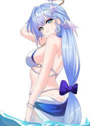 1girl absurdres aqua_eyes ass bangle beach beautiful big_ass big_breasts bikini blue_hair bow bracelet breasts bright_pupils butt_crack commentary earrings facial_mark facial_markings female female_focus hair_bow hair_intakes hair_ornament halo head_wings heart_symbol highres honkai:_star_rail honkai_(series) huge_breasts in_water jewelry long_hair looking_at_viewer looking_back maxwelzy medium_breasts outdoors purple_bow robin_(honkai:_star_rail) sea sideboob smile solo star_(symbol) star_hair_ornament swimsuit thick_thighs thighs very_long_hair water white_bikini white_pupils white_swimsuit wings
