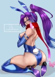 angry arialla_draws artist_name ass breasts commentary elbow_gloves english_commentary female gloves highres long_hair looking_at_viewer marvel marvel_comics marvel_rivals patreon_username playboy_bunny ponytail psylocke purple_eyes purple_hair scarf solo web_address x-men