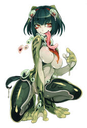 amphibian blush breasts bubble crouching female green_hair horizontal_pupils humanoid kenkou_cross long_tongue looking_at_viewer monster_girl monster_girl_encyclopedia mucus_toad_(monster_girl_encyclopedia) nipples nude official_art pussy simple_background slime smile solo toad tongue tongue_out white_background yellow_eyes