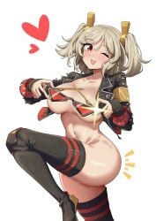 ;p ass black_jacket black_thighhighs blonde_hair bottomless breasts burnice_white convenient_censoring cropped_jacket danut_mk2 emphasis_lines eyewear_between_breasts eyewear_removed female glasses hair_ornament heart highres holding holding_removed_eyewear jacket large_breasts leg_up letter_hair_ornament long_sleeves looking_at_viewer medium_hair navel one_eye_closed open_clothes open_jacket red_eyes simple_background solo standing standing_on_one_leg thighhighs tinted_eyewear tongue tongue_out topless_female twintails unworn_eyewear white_background zenless_zone_zero