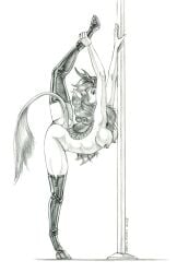 2025 anthro anthrofied autumn_blaze_(mlp) baron_engel breasts dancing dragon female friendship_is_magic genitals greyscale hair hasbro hi_res hooves kirin kirin_(mlp) looking_at_viewer monochrome my_little_pony mythological_creature mythological_scalie mythology nipples pole pole_dancing pussy scales scalie solo tail thigh_highs_only unguligrade