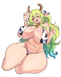 absurdres animal_ears animal_print bikini black_bikini blonde_hair breasts collar collarbone covered_erect_nipples cow_ears cow_print cow_print_bikini dragon_girl dragon_horns eyebrows_hidden_by_hair eyelashes fake_animal_ears feet_out_of_frame female female_focus green_eyes green_hair hands_up highres horns huge_breasts kobayashi-san_chi_no_maidragon leaning_to_the_side long_hair looking_at_viewer lucoa_(maidragon) miyako.noh miyako_noh multicolored_bikini multicolored_hair navel neck_bell one_eye_closed open_mouth print_bikini red_collar simple_background sitting smile solo swimsuit teeth thick_thighs thighs two-tone_bikini two-tone_hair upper_teeth_only variant_set w white_background white_bikini wide_hips yokozuwari