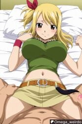 # ai_generated bed bedroom bedroom_sex belt big_breasts blonde_female blonde_hair blush brown_eyes earrings fairy_tail huge_breasts implied_sex indoors laying_down laying_on_back laying_on_bed long_hair looking_down lucy_heartfilia midriff missionary missionary_position missionary_sex omega_weirdo pov pov_sex ribbon sex side_ponytail skirt smile smiling topwear