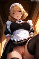 1girls ai_generated blonde_hair cindy_aurum dress_lift female female_only final_fantasy final_fantasy_xv green_eyes inviting inviting_to_sex looking_at_viewer maid maid_apron maid_dress maid_headdress maid_outfit maid_uniform medium_breasts mostly_clothed no_panties one_leg_up patreon pussy salupai seductive_look short_hair showing_pussy solo solo_female square_enix standing thick_thighs thighhighs thighs uncensored watermark