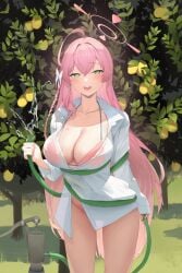 1girls ahoge antenna_hair bare_chest bare_hands bare_legs bare_skin bare_thighs bikini bikini_top blue_archive blush blush_face blushing_at_viewer blushing_female braid braided_hair breasts busty busty_female busty_girl busty_teen cleavage collarbone exposed_chest exposed_legs exposed_skin exposed_thighs female female_focus female_only fingers green_background green_eyes green_eyes_female groin hair_between_eyes hair_ribbon halo hanako_(blue_archive) happy high_resolution high_school_student highres hose hourglass_figure large_breasts lean_figure long_hair looking_at_viewer narrow_waist open_clothes open_clothing open_mouth open_mouth_smile open_shirt open_topwear outdoor outdoors outside parted_lips pink_bikini pink_bikini_top pink_eyebrows pink_hair pink_hair_female pink_halo pink_string_bikini pink_swimsuit pink_swimwear ribbon rikuhito_juusan school_girl shirt shoulders slender_body slender_waist slim_waist smile smiley_face smiling smiling_at_viewer solo standing string_bikini swimsuit swimwear teen_girl teenage_girl teenager thigh_gap thighs tongue tree unbuttoned unbuttoned_shirt upper_body upper_teeth very_long_hair water water_hose white_shirt white_topwear wide_hips young_female young_woman