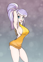 breasts diamond_tiara female female_only friendship_is_magic hasbro humanized meme my_little_pony scorpdk sideboob solo thick_thighs thighs tongue tongue_out virgin_killer_sweater