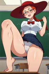 ai_generated barefoot bow braid breasts chair chalkboard classroom collared_shirt desk feet female freckles glasses green_eyes hat indoors long_hair on_desk open_mouth panties pleated_skirt red_hair school_desk shirt skirt solo toes twin_braids underwear white_panties white_shirt