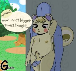 animal_crossing anthro bodily_fluids duo female genital_fluids gourdo hi_res male male/male mammal marshal_(animal_crossing) nintendo outside precum rodent sciurid sex squirrel squirrel_tail stealth_sex thigh_sex tree_squirrel