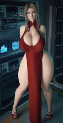 3d aerith_gainsborough background bow brown_hair cleavage dress final_fantasy final_fantasy_vii futanari green_hair high_heels huge_balls huge_breasts intersex loincloth pale_skin penis_nipples smile solo_futa stevencarson thick_thighs wide_hips