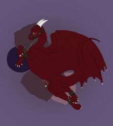 2_horns ankle_cuffs balls blush bondage bondage bondage_gear bound chastity_cage chastity_device claws cuff_(restraint) digital_drawing_(artwork) digital_media_(artwork) dragon dwagrosze feet feral genitals hi_res horn kerreth lock looking_at_viewer male muzzle_(object) muzzled mythological_creature mythological_scalie mythology padlock penis red_body restraints scalie shackles simple_background solo spread_wings story story_in_description submissive tail toes wings wrist_cuffs