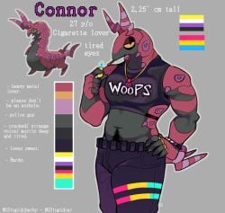 1boy 2024 anthro character_sheet cigarette clothing color_palette connor_(sstupidcat) generation_5_pokemon grey_background hand_on_hip jeans looking_at_viewer male male_only muscular muscular_male narrowed_eyes necklace nintendo nonbinary_pride_colors pansexual_pride_colors pokemon pokemon_(species) pubic_hair reference_image scolipede solo sstupidcat tired_eyes topwear very_high_resolution yellow_eyes