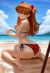 1girls 2d ai_generated areolae ass asuka_langley_sohryu back bare_shoulders beach big_ass bikini bikini_pull bikini_top blue_eyes day erophoenix female female_focus full_body long_hair looking_at_viewer neon_genesis_evangelion ocean orange_hair outdoors pale_skin pale_skinned_female patreon_username red_bikini sky small_breasts solo swimsuit thick thick_thighs uncensored