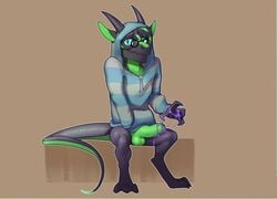 alternate_species anthro balls bottomless caught clothed clothing cum cum_string digitigrade embarrassed erection eyewear front_view glasses hoodie humanoid_penis kobold korichi male_only penis renard_savira scalie sitting uncut