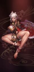 1girls 9:16 big_breasts breasts clothed feet female game_cg kikyo_(king_of_kinks) king_of_kinks nutaku puppy purple_eyes shoes sitting tagme thighs white_hair