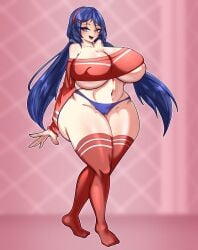 absurdres arm_at_side bimbofication blue_hair blue_panties breasts cameltoe collarbone covered_erect_nipples eyelashes female female_focus full_body hairband highres huge_breasts long_hair looking_at_viewer low_twintails miside mita_(miside) miyako.noh miyako_noh navel off-shoulder_shirt off_shoulder open_mouth panties pink_background purple_eyes red_hairband red_shirt red_thighhighs shirt simple_background smile solo standing teeth thick_thighs thighhighs thighs twintails underwear upper_teeth_only wide_hips