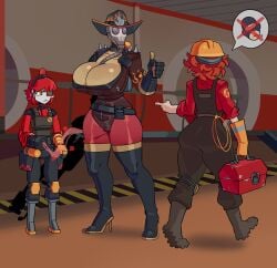 1boy2girls 2020s 2025 2d 2d_(artwork) ass big_ass big_breasts big_butt big_thighs breasts child_bearing_hips cleavage curvy curvy_body curvy_female curvy_figure dell_spencer female female_focus femengineer fempyro gas_mask hi_res high_heels highres hips hourglass_figure human kulodrones large_breasts larger_female latex_gloves latex_suit male nipple_bulge overalls pinup pyro robot_boy rule_63 sentry_(team_fortress_2) sentry_turret slim_waist team_fortress_2 tf2 thick_thighs thighs thumbs_up top_heavy valve valve_(company) wide_hips
