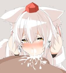 1boy animal_ear_fluff animal_ears blush close-up commentary crying cum cum_in_mouth cum_in_nose cum_overflow dark-skinned_male dark_skin deepthroat ears_down facing_viewer fellatio female hat highres houkai_(collapse_illust) inubashiri_momiji irrumatio looking_at_viewer male off_shoulder oral penis pov pov_crotch simple_background sound_effects straight tokin_hat touhou translation_request trembling wolf_ears wolf_girl yellow_eyes