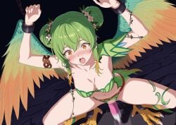 absurdres arukari8 bra breasts chains defeat double_bun feathered_wings female green_bra green_hair green_panties green_wings hair_bun highres large_breasts motion_blur object_insertion open_mouth panties restrained romancing_saga_2 saga saliva sex_machine solo spread_legs stationary_restraints talons tears tongue tongue_out torn_clothes torn_panties underwear vaginal_object_insertion vaginal_penetration windie_(romancing_saga_2) wings yellow_eyes
