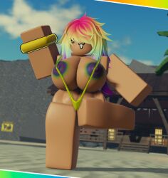 :3 beach big_ass big_breasts bikini bikini_top ninjashyper2 public public_nudity rainbow_boobs rainbow_hair roblox roblox_avatar robloxian skittle_(ninjashyper2) sling_bikini sling_bikini_aside slingshot_bikini slingshot_swimsuit solo solo_female solo_focus waving wedding_ring